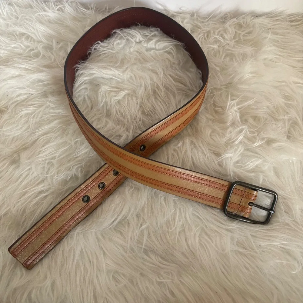 Linea‎ Pelle 230800 Tan Brown Striped Leather Belt Size 34 Antique Brass Buckle